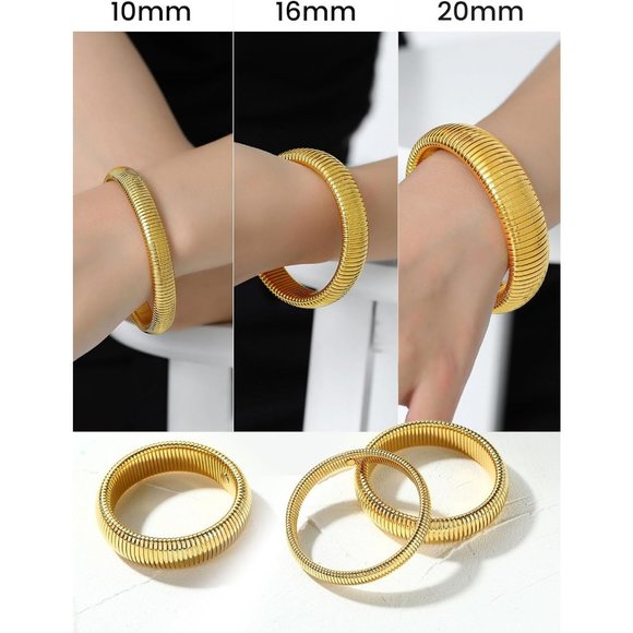 Women Gold Stainless Steel Stretch Flexible Wide Wristband Bangle Chain Bracelet - Picture 2 of 9